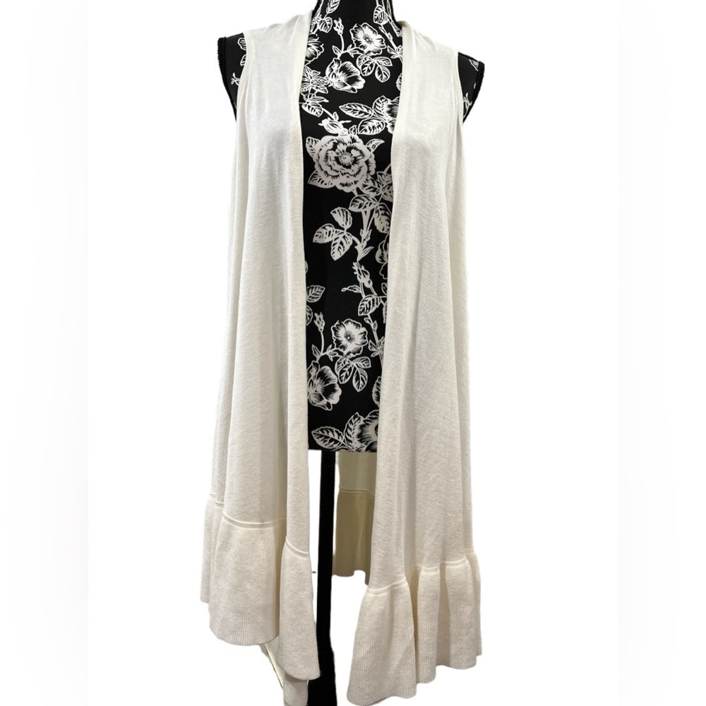 The Limited Ivory Sleeveless Ruffle Duster Cardigan Lightweight Open Front M - Picture 2 of 9
